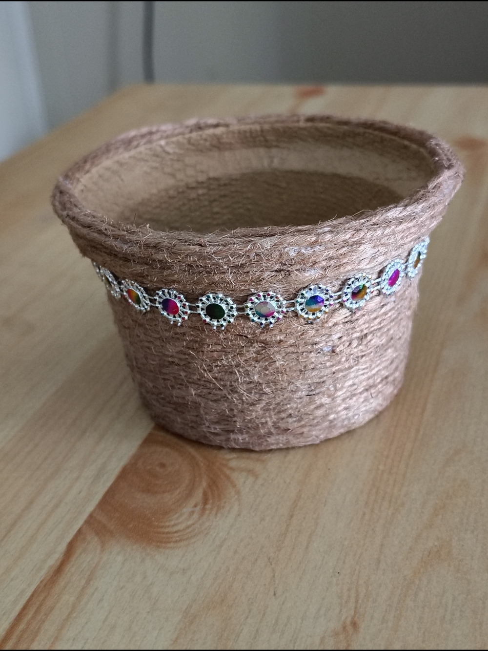 Handwrapped Jute Twine Planter with Multicolor Gem Trim